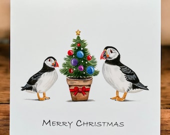Puffin Christmas card, watercolor puffin Christmas card, Christmas card couple, bird Christmas cards, fun Christmas cards, love puffin card