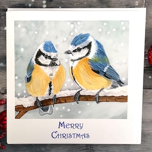 Carte de Noël mésange bleue, cartes de Noël, cartes de Noël animal, cartes de Noël oiseau, mésange bleue, cartes de Noël enneigées, jolie carte de Noël