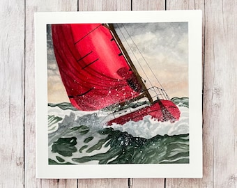 Sailboat Birthday card, sailboat cards, ocean waves card, boat birthday cards, boating cards, sailing birthday cards, racing boat cards.