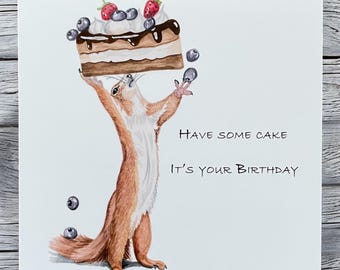 Squirrel birthday cards, squirrel greetings card, squirrel art, funny squirrel cards, nature cards, squirrel lovers card, red squirrel card