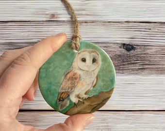 Ceramic barn owl disc decoration, Christmas tree decorations, barn owl gifts, ceramic baubles, barn owl ornaments, Christmas baubles