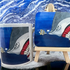 Shark Surrender Mug and Coaster, Haifischbecher, Haifischbecher, Haifischgeschenke, Haifischkunst, Geschenke, Haie, Haifischliebe