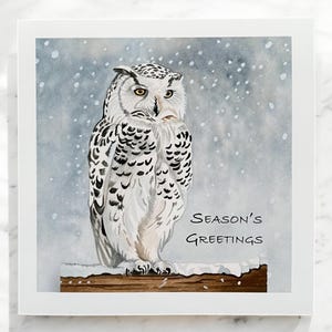 Carte de harfang des neiges, carte de Noël de harfang des neiges, carte de Noël de hibou, carte de hibou aquarelle, carte de Noël d'oiseau, carte de Noël de hibou, cartes de Noël