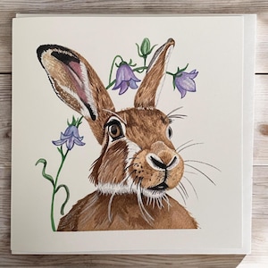 Hare birthday cards, hare cards, hare cards for mum, any occasion card, cute animal cards, hare with flowers card, hares, whimsical cards
