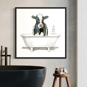 Cow in the bath, cow in bathtub, cow print, dairy cow, funny cow, funny cow print, cow art, cow print, animal in bath, animal having bath.