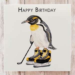 Carte d'anniversaire pingouin, carte d'anniversaire pingouin personnalisée, cartes d'anniversaire pour enfants, cartes d'anniversaire amusantes, cartes de hockey sur glace, hockey sur glace pingouin