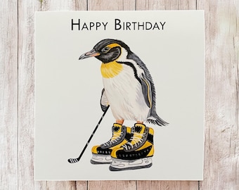 Penguin birthday card, personalised penguin birthday card, birthday cards for kids, fun birthday cards, ice hockey cards, penguin ice hockey