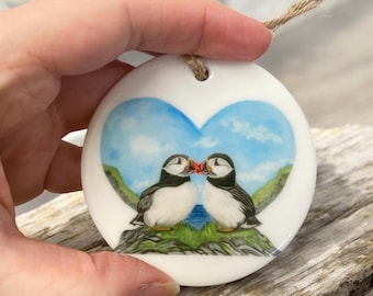Ceramic puffin disc decoration, puffin valentine gift, puffin hanging ornament, romantic puffins, ceramic hanging disc, watercolor puffins
