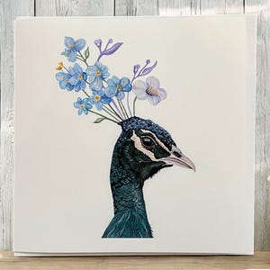 Carte de paon, belle carte de paon, carte de voeux de paon, cartes arty, cartes vierges pour toutes les occasions, cartes de paon aquarelles, fleurs
