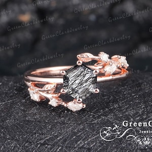 Black Rutilated Quartz engagement ring Vintage hexagon cut art deco ring Rose gold unique leaf wedding bridal ring Anniversary promise ring