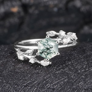 Hexagon cut Moss agate Engagement Ring Cluster ring Silver Unique Vintage Leaf Wedding Bridal ring anniversary promise ring for women