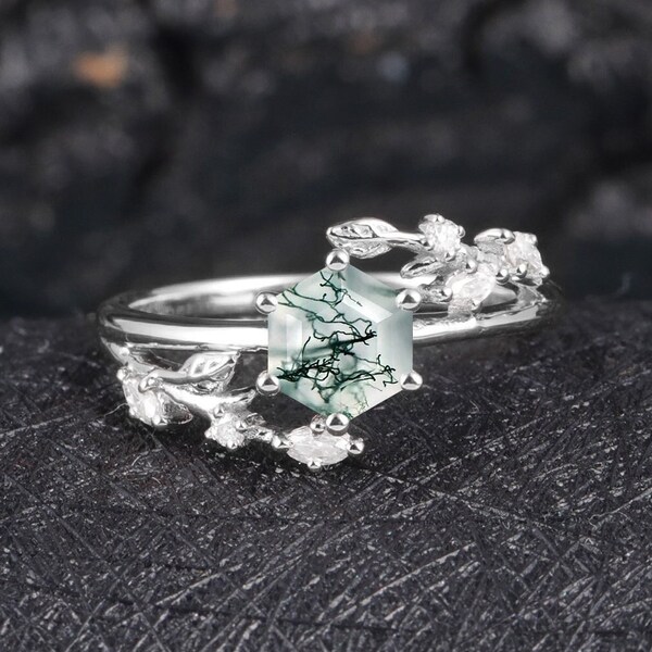 Hexagon cut Moss agate Engagement Ring Cluster ring Silver Unique Vintage Leaf Wedding Bridal ring anniversary promise ring for women