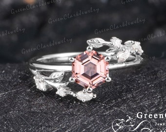 Morganite engagement ring Art deco hexagon cut promise ring 14k 18k solid white gold Vintage leaf diamond cluster ring Personalized jewelry