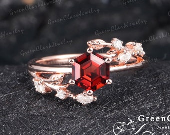 Natural garnet engagement ring Vintage hexagon cut art deco ring Rose gold unique leaf wedding bridal ring Anniversary promise ring