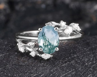 Oval cut Moss agate Engagement Ring Cluster ring Silver Unique Vintage Leaf Wedding Bridal ring anniversary promise ring for women