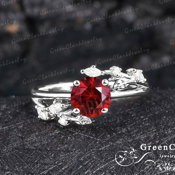 Pigeon blood red ruby engagement ring Unique round cut july birthstone ring White gold Vintage leaf wedding bridal ring Promise ring