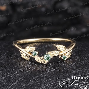 Unique moss agate leaf wedding ring Solid 14k gold curved wedding band Nature inspired stacking matching band Anniversary gifts Ring for her