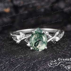 Pear Moss agate Engagement Ring Art Deco Nature inspired white gold Unique Vintage Leaf Branch Wedding Bridal ring anniversary promise ring