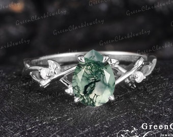 Pear Moss agate Engagement Ring Art Deco Nature inspired white gold Unique Vintage Leaf Branch Wedding Bridal ring anniversary promise ring