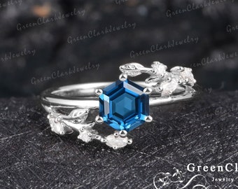 Vintage sapphire engagement ring Nature inspried white gold hexagon promise ring Art deco silver leaf cluster ring Unique Anniversary gifts