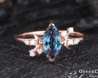 Alexandrite engagement ring Art deco marquise cut gemstone ring Vintage rose gold moons wedding bridal ring June birthstone promise ring