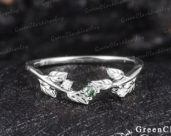 Unique moss agate leaf wedding ring Solid 14k white curved wedding band Art deco nature inspired platinum ring Anniversary gift Ring for her