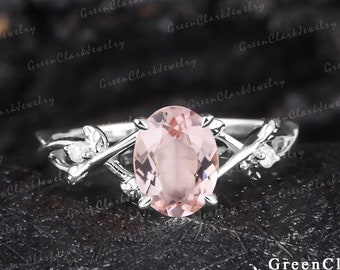 Unique pink morganite engagement ring Art deco oval cut promise ring for women Nature inspired 14k gold leaf ring Vintage anniversary gifts