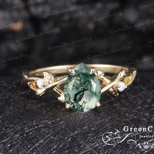 Pear Moss agate Engagement Ring Art Deco Nature inspired Yellow gold Unique Vintage Leaf Branch Wedding Bridal ring anniversary promise ring