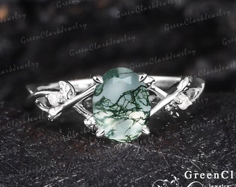 Unique oval cut moss agate engagement ring Vintage art deco promise ring for women Nature inspired solid 14k white gold leaf ring Her gifts