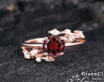 Natural garnet engagement ring Nature inspired art deco promise ring 14k solid rose gold Vintage leaf cluster ring Unique Anniversary gifts