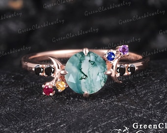 Moss agate engagement ring Art deco moons round cut ring Unique rose gold Multi Colored Gemstones Rainbow Gemstones Wedding Bridal ring sets