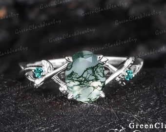 Vintage oval cut moss agate engagement ring Unique art deco cluster emerald leaf ring Nature inspired 14k white gold promise ring for women