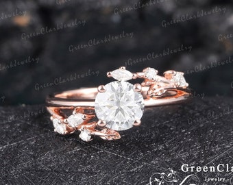 Moissanite engagement ring Art deco promise ring 14k 18k solid gold Vintage diamond leaf cluster ring Unique anniversary gifts for women