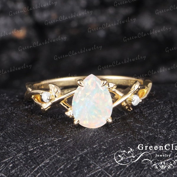 Opal engagement ring 14k 18k solid gold Vintage pear shaped promise ring Unique art deco white oct birthstone leaf ring Anniversary gifts