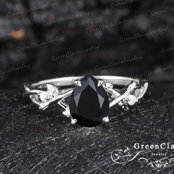 Vintage pear shaped black onyx engagement ring Solid 14k white gold leaf ring Nature inspired art deco promise ring Unique Anniversary gifts