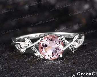 Unique pink morganite engagement ring Art deco platinum promise ring for women Nature inspired 14k gold leaf ring Vintage anniversary gifts