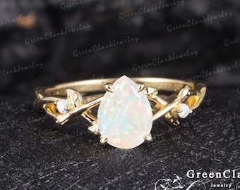 Opal engagement ring 14k 18k solid gold Vintage pear shaped promise ring Unique art deco white oct birthstone leaf ring Anniversary gifts