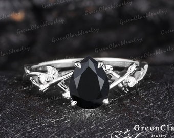 Vintage pear shaped black onyx engagement ring Solid 14k white gold leaf ring Nature inspired art deco promise ring Unique Anniversary gifts