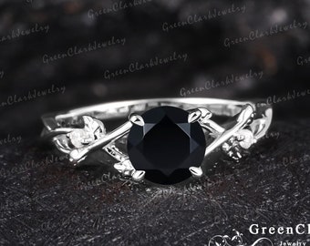 Vintage black onyx engagement ring Solid 14k white gold leaf ring Nature inspired art deco platinum promise ring Unique Anniversary gifts