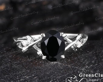 Vintage oval cut black onyx engagement ring Solid 14k white gold leaf ring Nature inspired art deco promise ring Unique Anniversary gifts