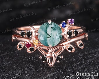 Moss agate engagement ring sets Art deco Multi Colored Gemstones moons ring Round cut Rose gold Rainbow Gemstones Wedding Bridal ring