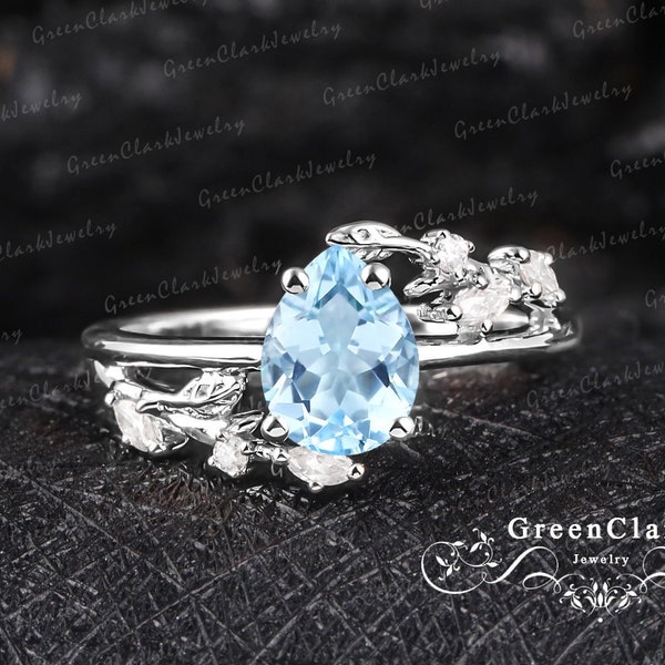 Vintage pear cut aquamarine engagement ring Nature inspried 14K white gold promise ring Art deco leaf cluster ring Unique Anniversary gifts