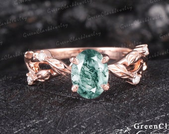 Moss agate engagement ring Art deco leaf ring Oval cut gemstone Nature inspired Rose gold Unique Wedding Bridal Diamond ring Promise ring