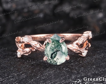 Moss agate engagement ring Art deco leaf ring Pear cut gemstone Nature inspired Rose gold Unique Wedding Bridal Diamond ring Promise ring