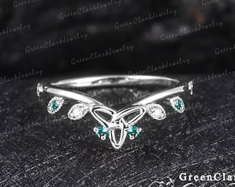 Unique emerald wedding ring Solid 14k white green gemstone curved wedding band Art deco diamond platinum ring for women Anniversary gifts