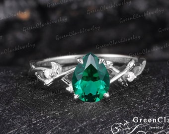 Emerald engagement ring Art deco pear shaped promise ring 14k 18k solid gold Vintage leaf ring Unique personalized jewelry Anniversary gifts