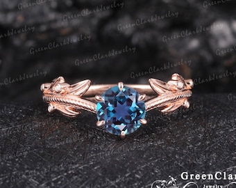 Anillo de compromiso de alejandrita, anillo de promesa art déco, anillo de diamantes en oro rosa macizo de 14 k y 18 k, joyería vintage personalizada, regalos de aniversario únicos.