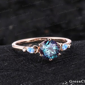 Unique alexandrite engagement ring Art deco five stones promise ring Vintage solid 14K 18K rose gold wedding Ring for women June birthstone