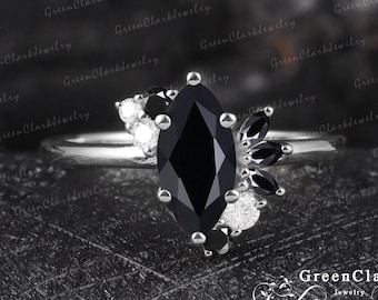 Black Onyx Engagement Ring Art Deco Marquise Cut Gemstone