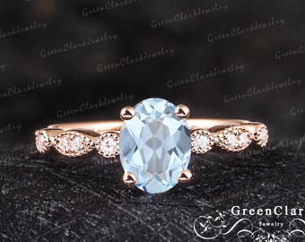 Vintage oval cut aquamarine engagement ring 14K rose gold promise ring Art deco Mar birthstone cluster ring Unique Anniversary gifts for her